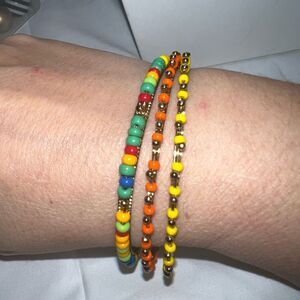 Boho Gold Tone and Colorful Bead Set‎ of Three Bangle Bracelets